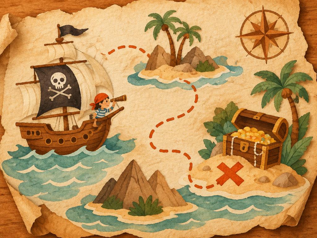 Piratskepp och skattkista på en illustrerad skattkarta